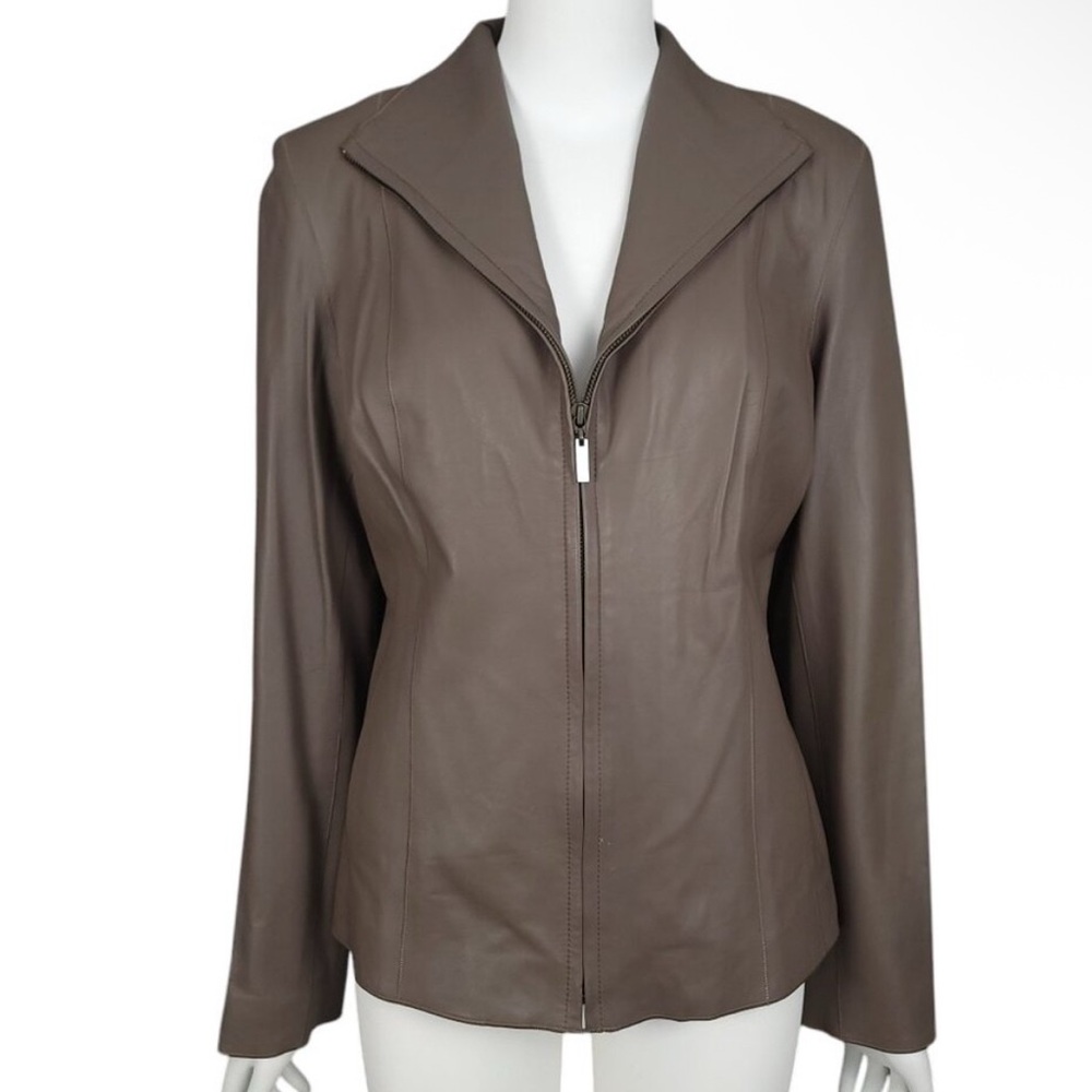 COLE HAAN Women Lambskin Leather Jacket Size 8 Taupe Brown Full Zip Wing Collar